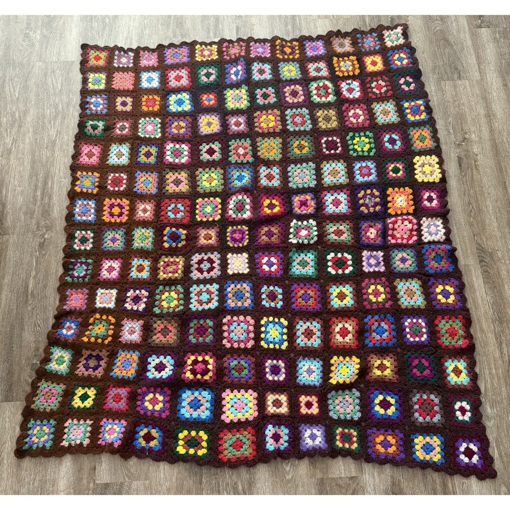 Granny Square Afghan Crochet Handmade Blanket  Approx 50x59" Vintage Roseanne